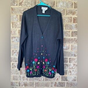 V-neck button down, long-length cardigan Size 1X Diane Gilman Silk embroidered